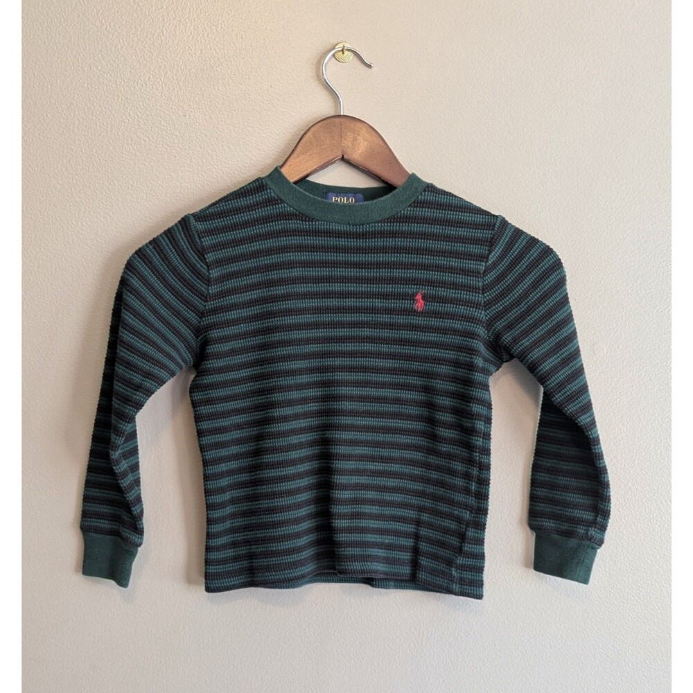 Polo Ralph Lauren Boys 4T Waffle Knit Thermal Tee Shirt Blue Green Striped Crew